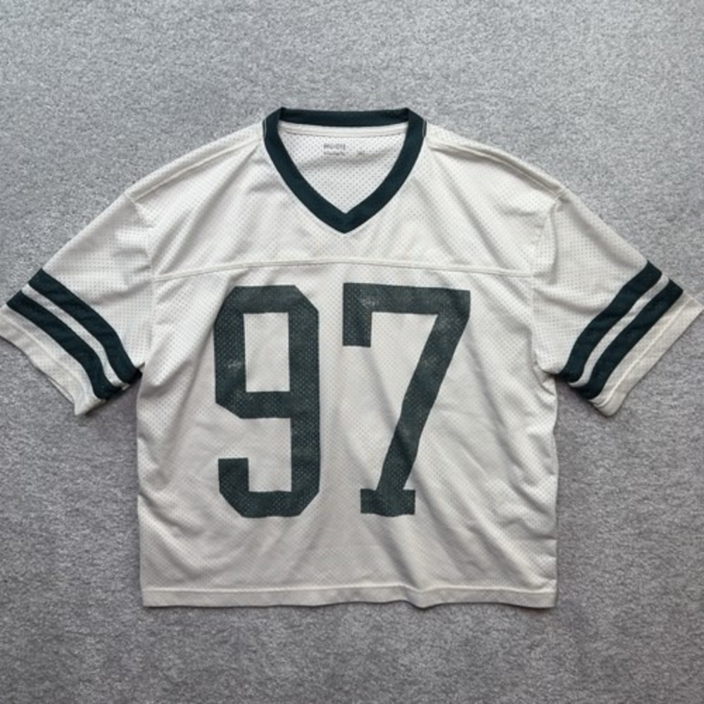 Hollister 97 Football Jersey Men's Large Cream Green Mesh Boxy Crop V Neck Shirt